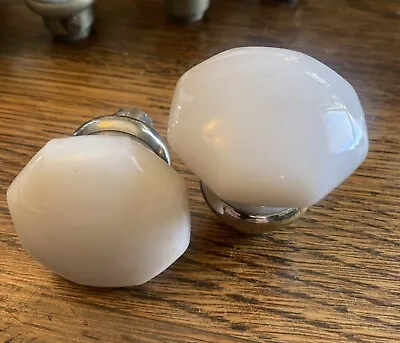 Pair Antique Vintage Octagon 8 Sided Milk Glass Door Knobs Nickel Plated Brass • $36.50