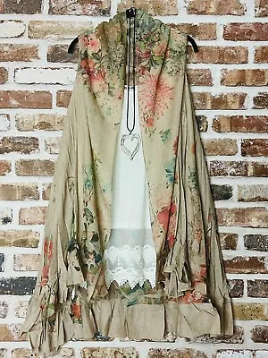 Plus Size Vintage Boho Floral Festival Coachella Kimono Ruffle Vest Duster TAUPE • £47.50