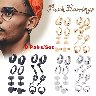 8 Pairs Stainless Steel Punk Black Earrings Stud Piercing Men Hoop Gothic Unisex • $7.69