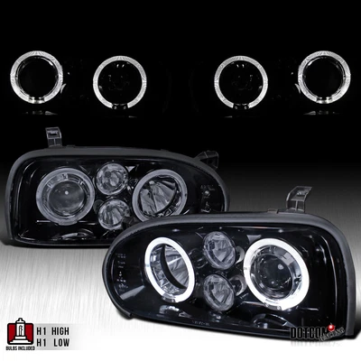 $146.99 • Buy Black Smoke Fit 1993-1998 VW Golf MK3 Cabrio Halo Projector Headlights Lamps