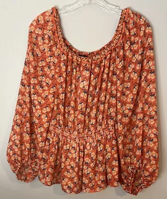 Max Edition Round Neckline Puff Sleeve Orange W Floral Elastic Waist Shirt Sz S • $16.45