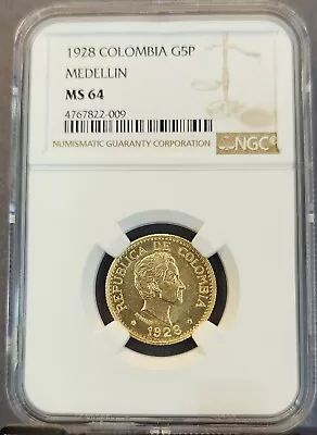 1928 Colombia Gold 5 Pesos Medellin Simon Bolivar Ngc Ms 64 Bright Beautiful Bu • $629.95