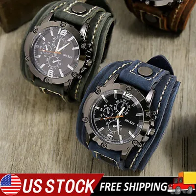 Men Retro Bracelet Watch Band Wide Leather Strap Cuff Vintage Quartz Wristwatchs • $14.82