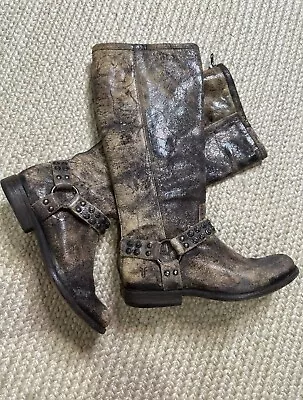 FRYE PHILLIP Distressed Womens 7.5M Studded Harness Leather Tall Boots 76507 • $49.98