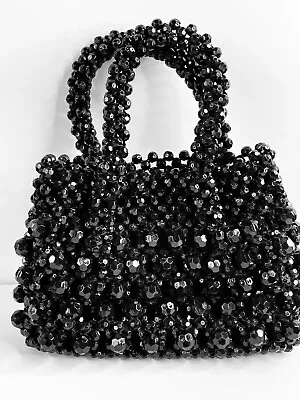 Vtg 60's Mod Pop Black Mini Beaded Tote Purse Bag • $24.99