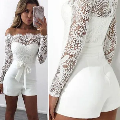 Women's White Lace Floral Jumpsuit Bandeau Jumpsuit Pants Suit Shorts Pants Sexy • £9.98