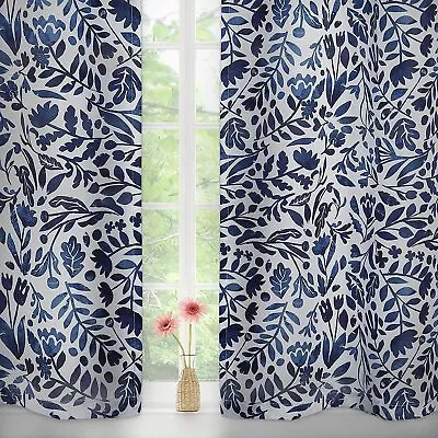 $14.99 • Buy Navy Floral Kitchen Curtain Tier/Valance Short Panel Separate Panels Retro Style
