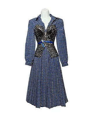 Vintage 1980s Accordion Pleat Shirtwaist Polkadot Midi Blue Day Dress • $34