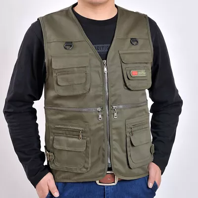 Men Camera Fishing Hunting Multi-Pockets Zipper Waistcoat Vest Army Outdoor New • $35.52