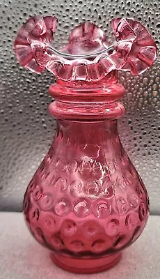 Vintage Fenton Cranberry Raspberry Optic Coin Dot Ruffle Edge Crimp Glass Vase  • $27.88