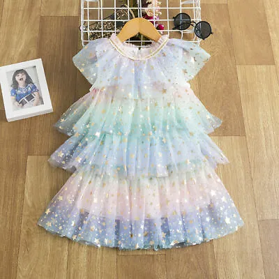 Kids Girls Birthday Tulle Dress Gowns Summer Rainbow Dress Photograph Costume • £14.39