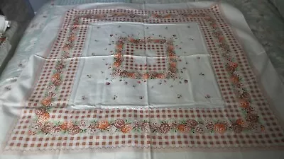 Vintage Cotton TABLECLOTH SHADES OF BROWN ORANGE FLORAL Brown Check 44 X48  • $14.99