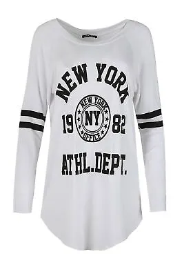 Womens Dresses Ladies New York 1982 Baggy Long Sleeve Stripe Curved Hem Mini Top • £3.99