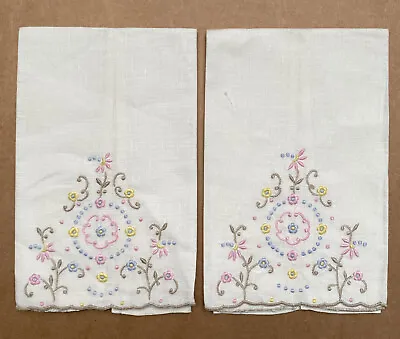 Vintage White Linen Cloth Napkins Embroidered Floral Set Of 2 New • $11.04