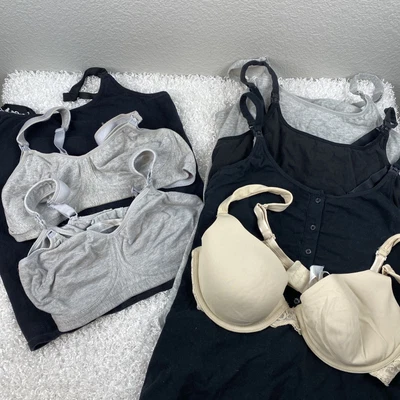 $34.99 • Buy Womens Nursing 3 Bras & 4 Tanks Bundle L XL 38C Black Gray Beige Breastfeeding 