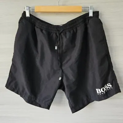 HUGO BOSS Swim Trunks Shorts Mesh Lined Drawstring Black 6  Inseam Mens Sz Large • $37.99