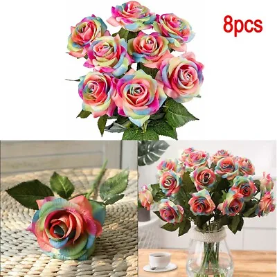 8Pcs Colorful Fake Flowers Bouquet Rainbow Artificial Rose  Home Party Decor DIY • £10.87