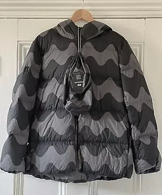 Marimekko Uniqlo Womens Grey Black Down Hooded Cocoon Parka Jacket M UK 12 EU 40 • $107.36