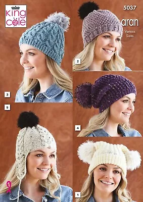 King Cole Aran Knitting Pattern - 5037 Ladies Hats • £4.65