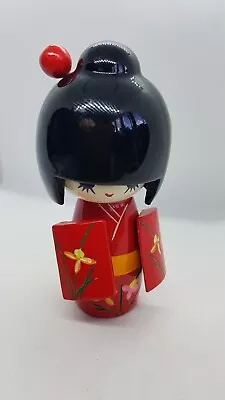 Japanese Wooden Kokeshi Red Kimono Laqured Bobble Head Doll 13cm • £12.90