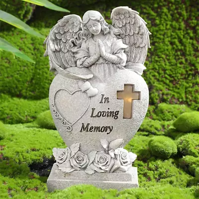 Garden Angel Statue Sympathy Gift With Cross Solar LED Light Human Memorial Gif • $39.99
