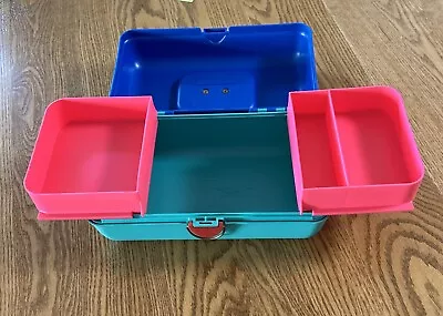 CABOODLES Vtg 80s 90s Storage Case Box Blue Teal Pink With Red Handle Latch • $21