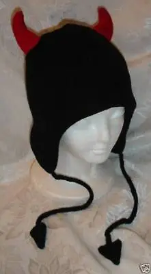DeLux BLACK DEVIL HAT Knit ADULT Ski Cap Evil Horns Costume LINED Mens Womens • $89.99