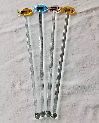 Vintage Set 4 Hand Blown Glass Assorted Fishes Cocktail Stirrers Swizzle Sticks • $12