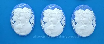 3 WHITE SISTERS FRIENDS On Bright BLUE 40mm X 30mm Costume Jewelry Crafts CAMEOS • $3.59