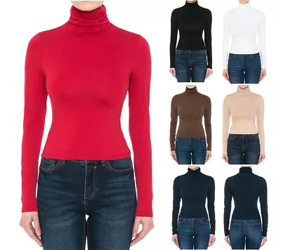 Womens Basic Ruched Turtleneck Long Sleeve Fitted Shirt Stretch Cotton Knit Top • $7.49