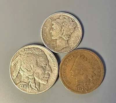 [3 Coin Lot] Silver Mercury Dime Buffalo Nickel Indian Head Cent • $9.99