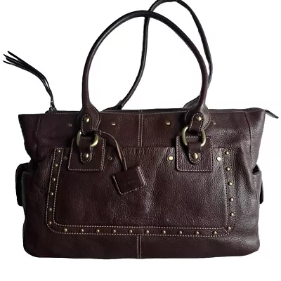 Via Spiga Sabrina Large Brown Leather Purse Satchel Bag Brass Multi Studded Boho • $44.99