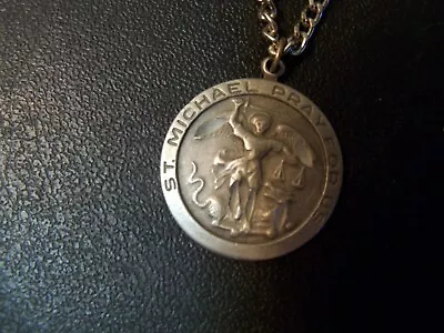 Vintage Sterling Silver Saint Michael Pray For Us Pendant Medal With Metal Chain • $50