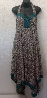 A'Reve Anthropologie Sun Dress L Floral Halter Long Sleeveless Lace Trim Boho • $35