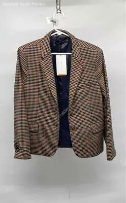 Zara Mens Khaki Blue Orange Plaid Long Sleeve Two Button Blazer Jacket Size L • $19.49