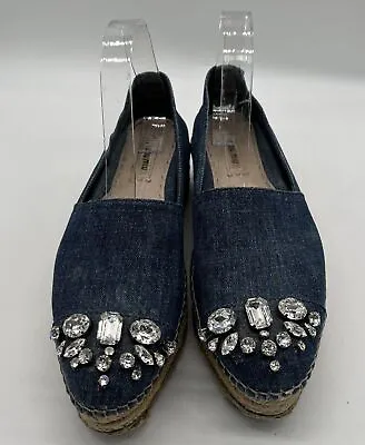 Miu Miu Denim Platform Espadrille Loafer W/ Jewel Embellishment Sz 38 • $84.15