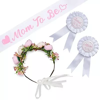 Baby Shower Decoration For Mom To Be And Dad To Be Pink Flowers Tiara + White... • $26.34