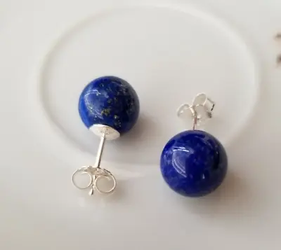 Solid 925 Sliver Natural Blue Lapis Lazuli  10mm Round Ball Stud Earrings • $22.70
