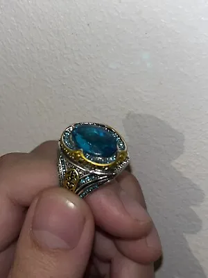 Turkish Handmade Silver Mens Ring Blue Gem • £20