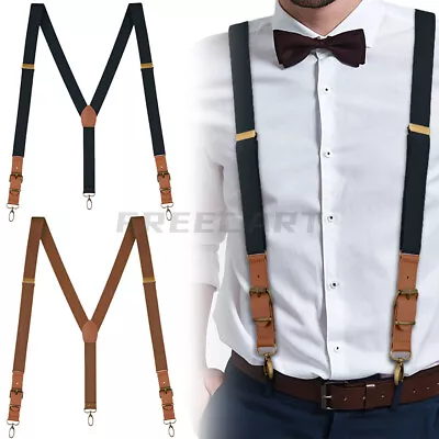 Mens Leather Suspenders Adjustable Elastic Y-Shaped Braces Hooks Pants Brace • $9.36