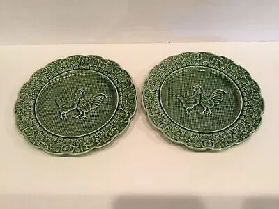 Bordallo Pinheiro Rooster & Hen Chickens Set Of 2 Green Salad Plates 8” • $24.99