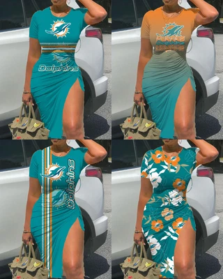 $27.54 • Buy Miami Dolphins Womens High Slit Dress Crew Neck T-shirt Dress Tunic Bodycons