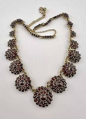 Antique Victorian Gilt Silver & Old Rose Cut Bohemian Garnet Flower Necklace • $395