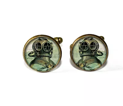 Vintage Diver Helmet Nautical Scuba Diving Handmade Round Glass Metal Cufflinks • $24.99