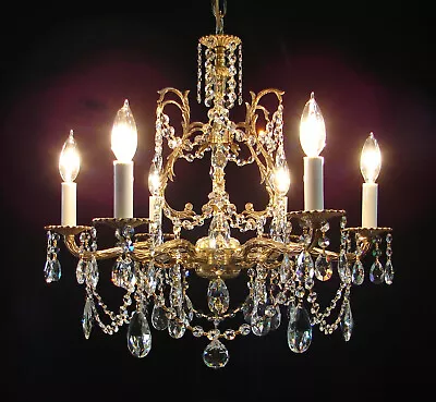 Vintage French Brass Crystals 6 Lights CHANDELIER • $549.95