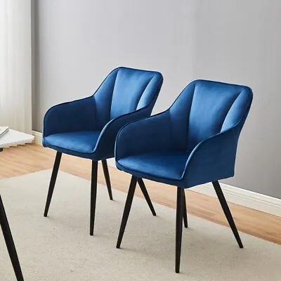 2pcs Blue Velvet Dining Chairs Set Padded Seat Metal Legs Kitchen Furniture • £119.99