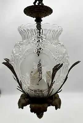 Antique Spanish Hummingbird Brass & Glass Chandelier Pendant Light Made In Spain • $479.99