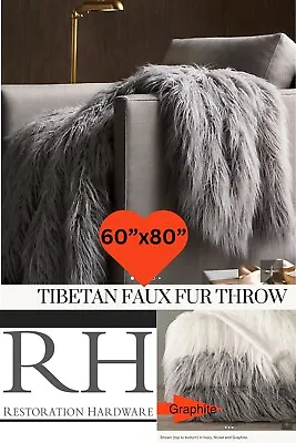 Restoration Hardware Faux Fur Tibetan Throws Blanket Sofa Bed Large 60x80 Gray • $219