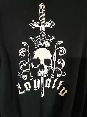 Express Design Studio Black Sweater L Skull Sword Cross Loyalty • $12.99