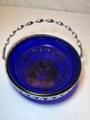 Vintage Bristol Cobalt Blue Glass Round  Bowl In Silver Basket - 20cm • $12